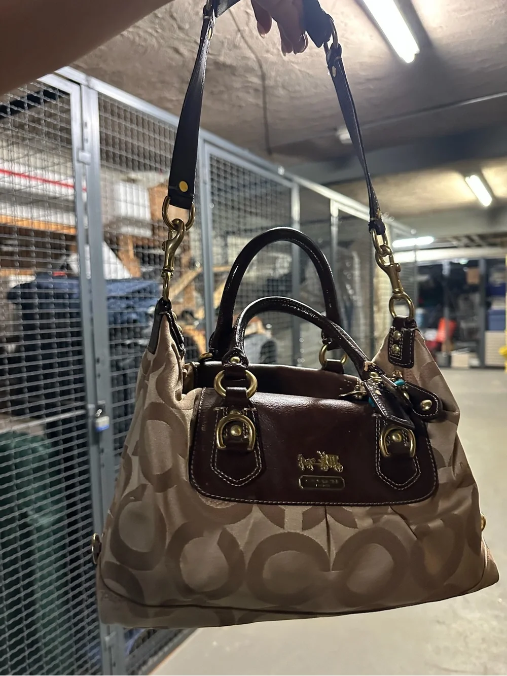Coach Tan Signature Canvas Satchel with Brown Leather Trim